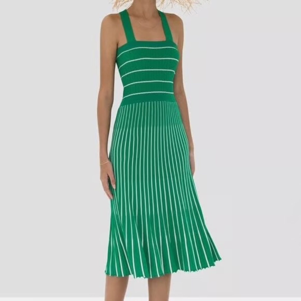 Alexis green and white ribbed flare dress